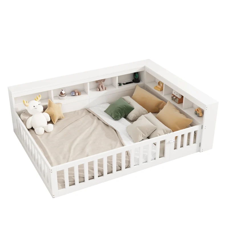 Letto 140x200 cm con rete a doghe; vano laterale; prese USB e sponda ribaltabile; bianco