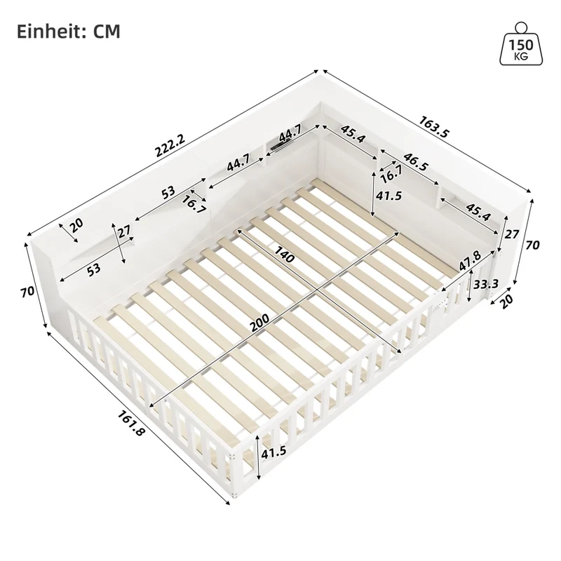 Letto 140x200 cm con rete a doghe; vano laterale; prese USB e sponda ribaltabile; bianco