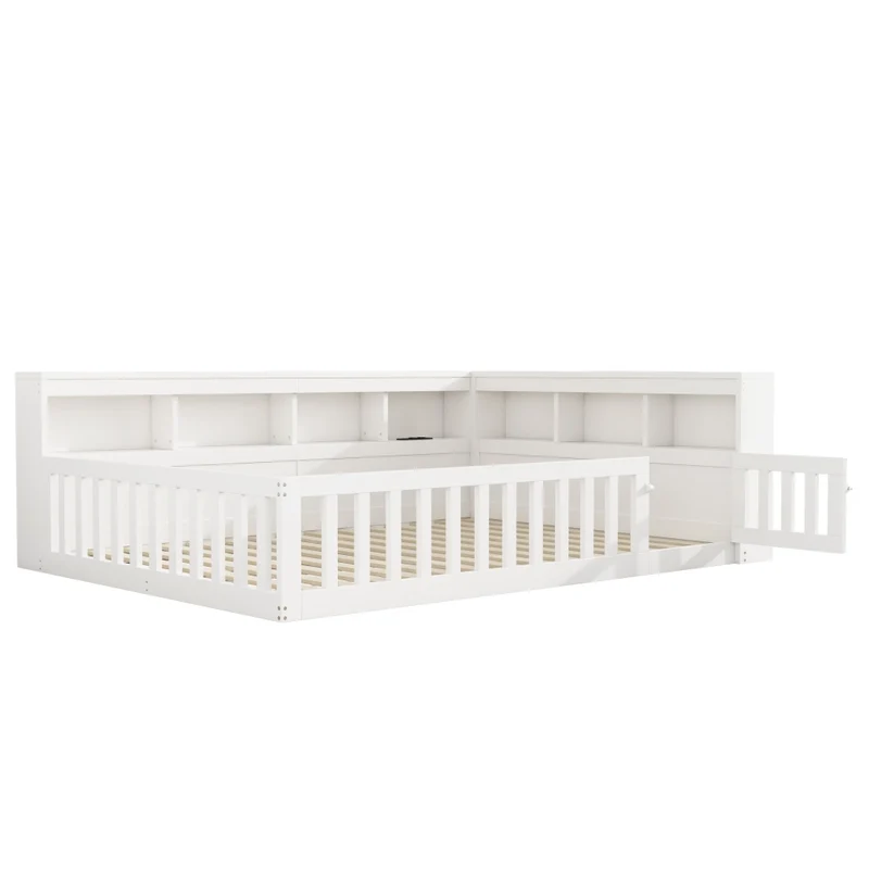 Letto 140x200 cm con rete a doghe; vano laterale; prese USB e sponda ribaltabile; bianco