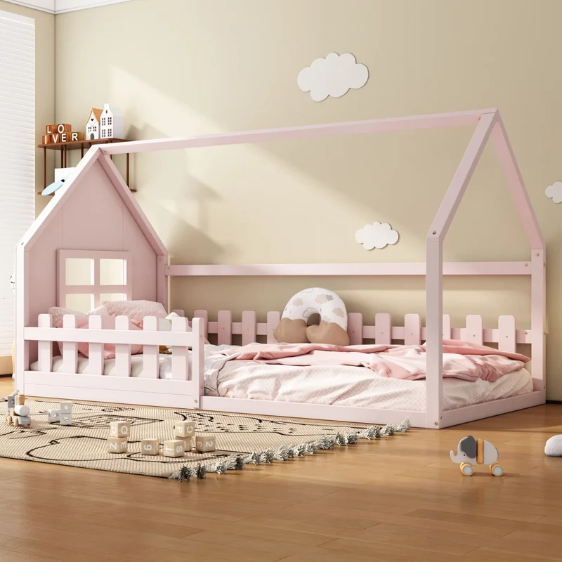 Letto per bambini 90x200 cm a forma di casetta in pino e MDF rosa