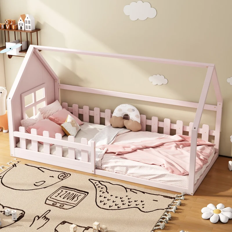 Letto per bambini 90x200 cm a forma di casetta in pino e MDF rosa