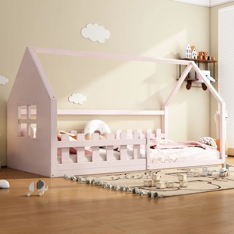 Letto per bambini 90x200 cm a forma di casetta in pino e MDF rosa