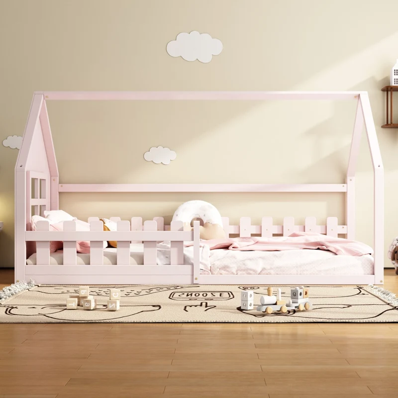 Letto per bambini 90x200 cm a forma di casetta in pino e MDF rosa
