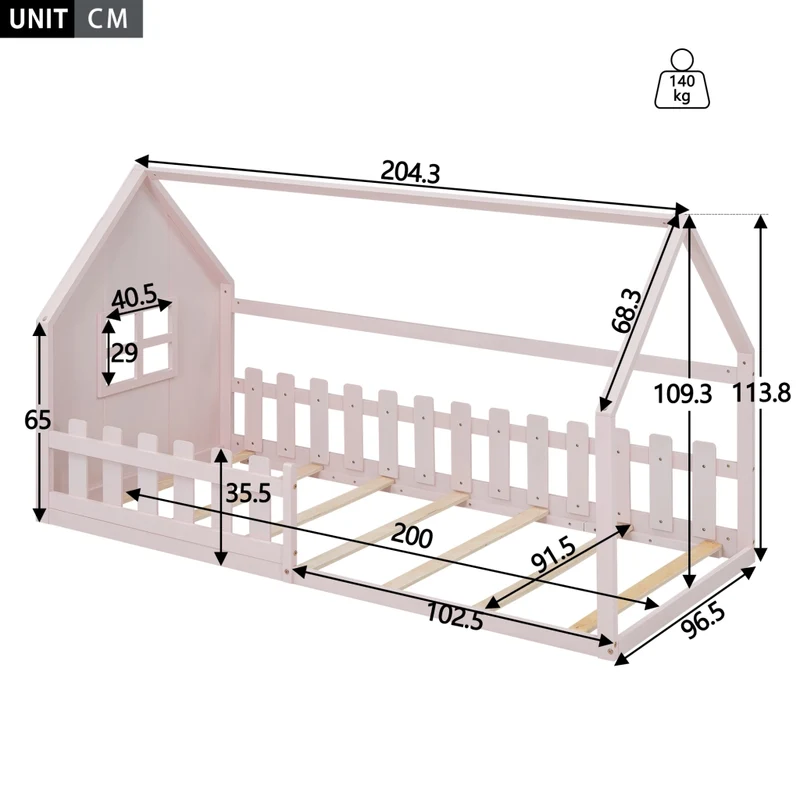Letto per bambini 90x200 cm a forma di casetta in pino e MDF rosa