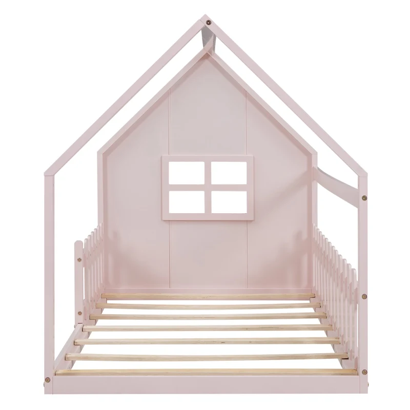 Letto per bambini 90x200 cm a forma di casetta in pino e MDF rosa