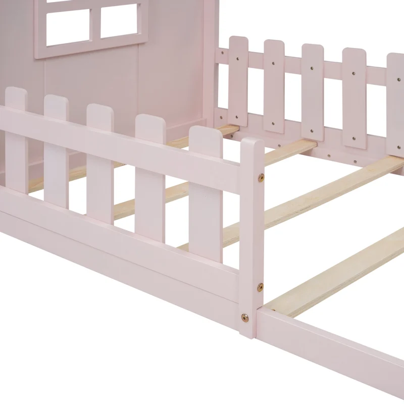 Letto per bambini 90x200 cm a forma di casetta in pino e MDF rosa