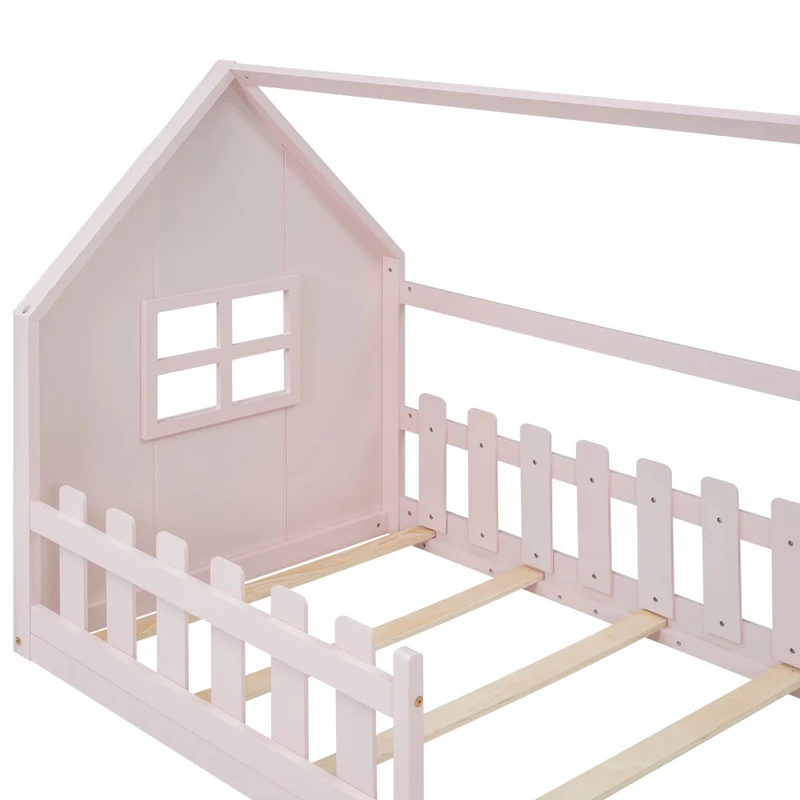 Letto per bambini 90x200 cm a forma di casetta in pino e MDF rosa