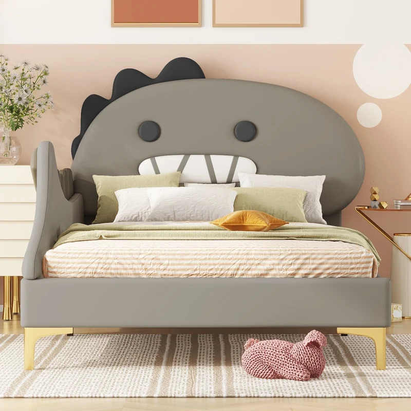 Letto per bambini 90 x 200 cm a forma di dinosauro; struttura in PU e MDF; grigio per cameretta