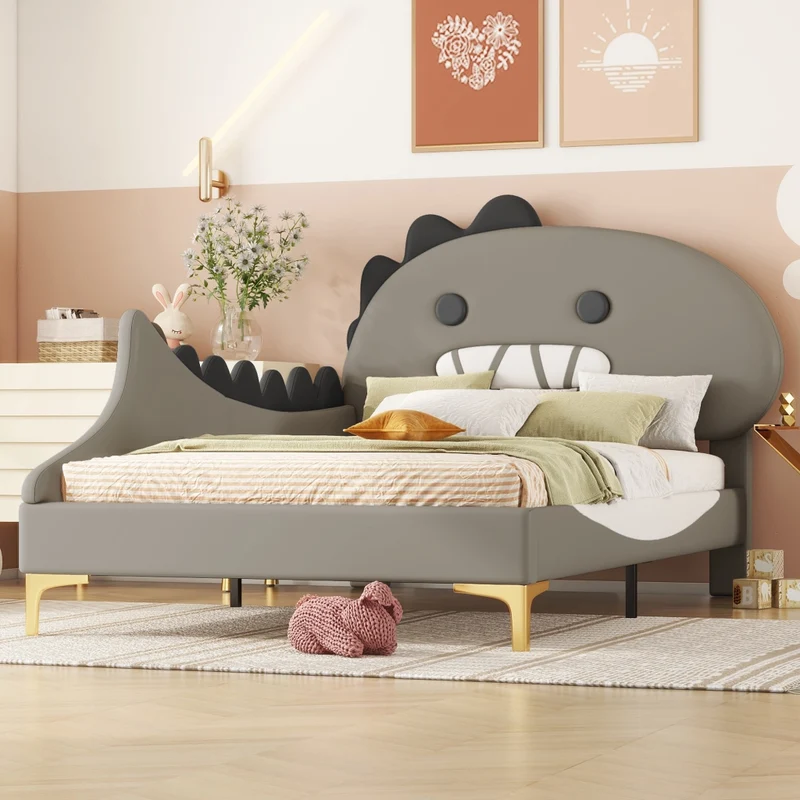 Letto per bambini 90 x 200 cm a forma di dinosauro; struttura in PU e MDF; grigio per cameretta