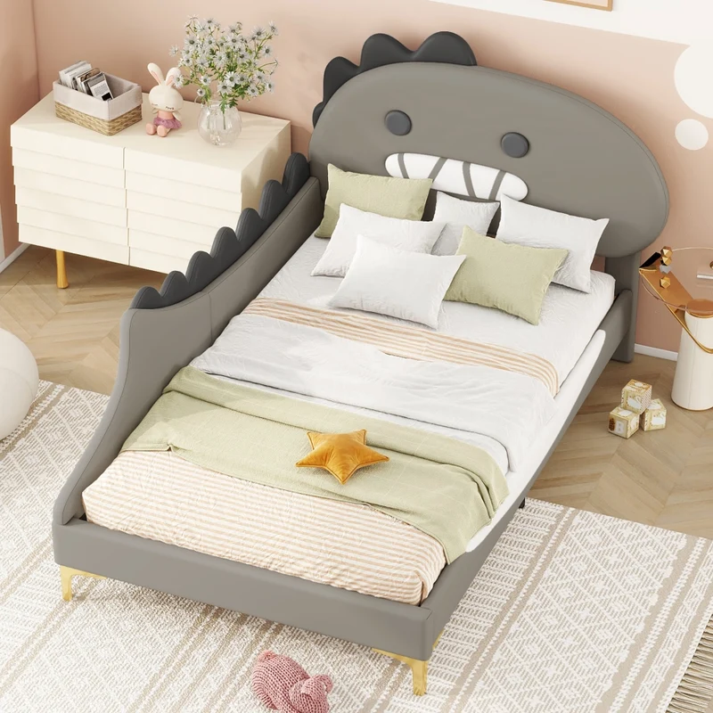 Letto per bambini 90 x 200 cm a forma di dinosauro; struttura in PU e MDF; grigio per cameretta