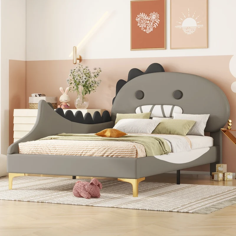 Letto per bambini 90 x 200 cm a forma di dinosauro; struttura in PU e MDF; grigio per cameretta