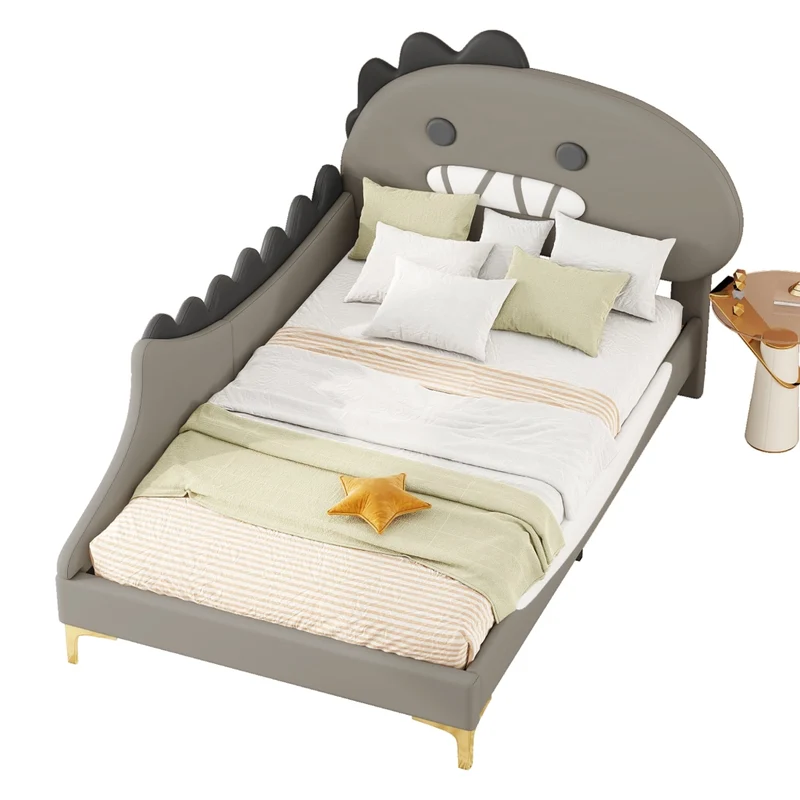 Letto per bambini 90 x 200 cm a forma di dinosauro; struttura in PU e MDF; grigio per cameretta