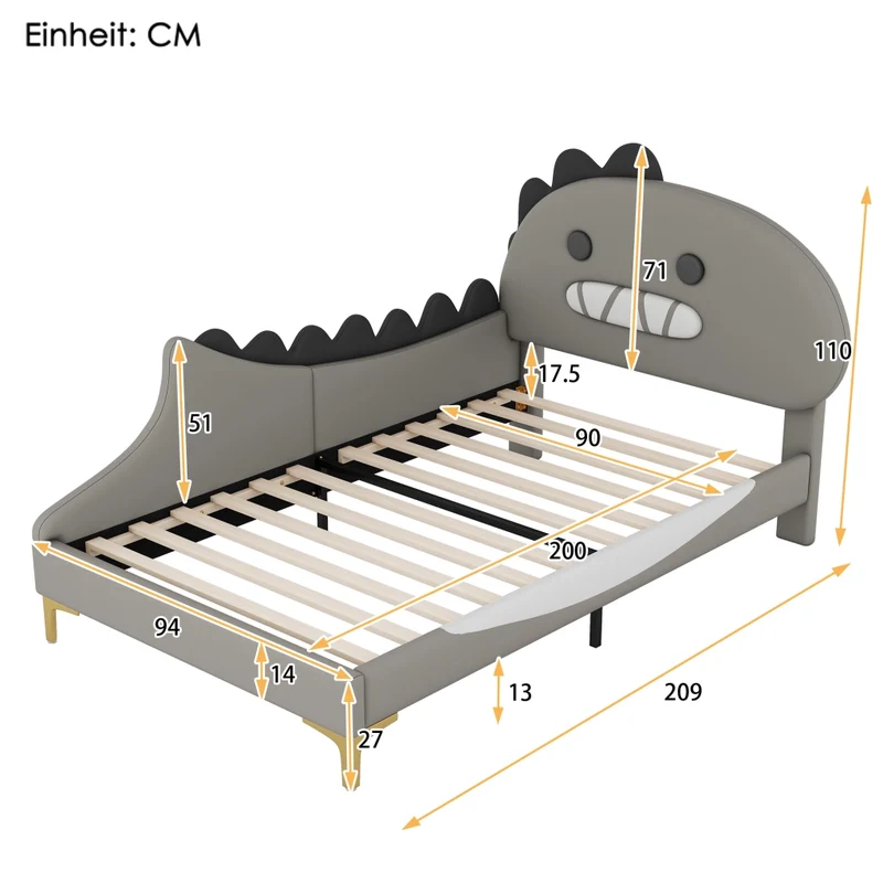 Letto per bambini 90 x 200 cm a forma di dinosauro; struttura in PU e MDF; grigio per cameretta