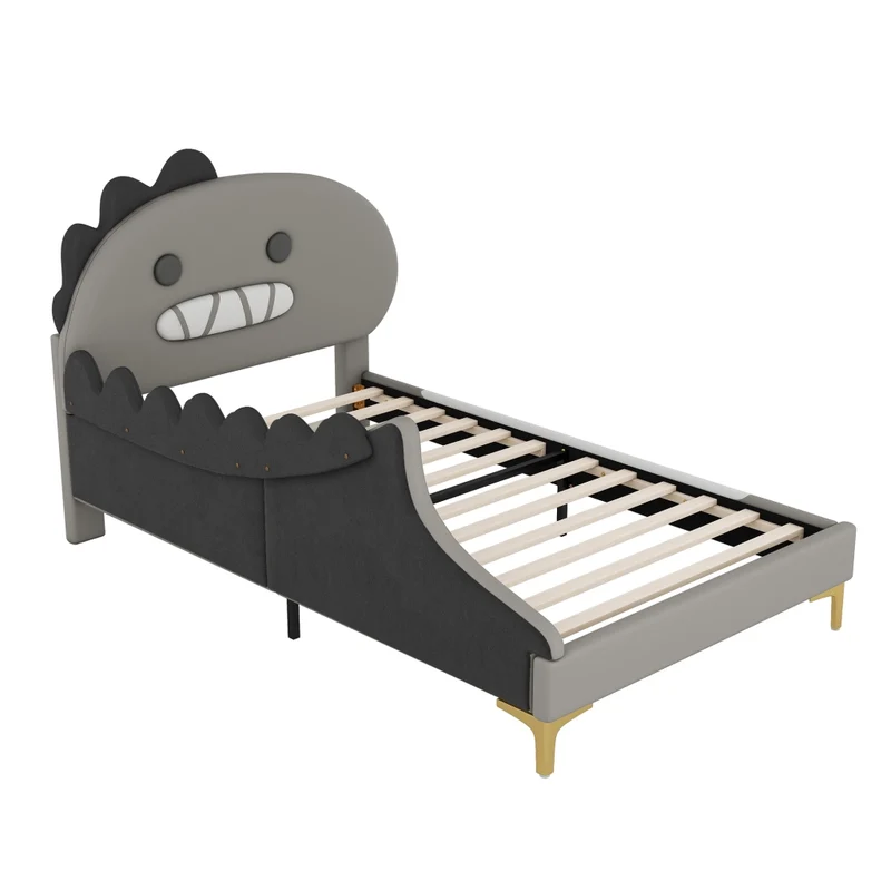 Letto per bambini 90 x 200 cm a forma di dinosauro; struttura in PU e MDF; grigio per cameretta