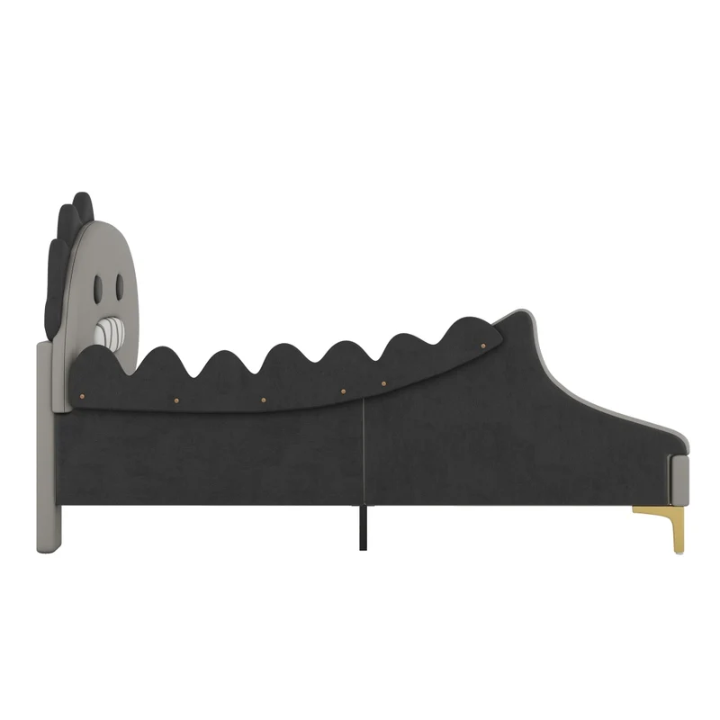 Letto per bambini 90 x 200 cm a forma di dinosauro; struttura in PU e MDF; grigio per cameretta