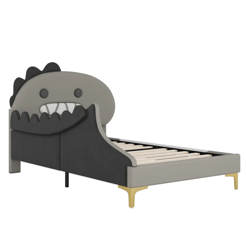 Letto per bambini 90 x 200 cm a forma di dinosauro; struttura in PU e MDF; grigio per cameretta