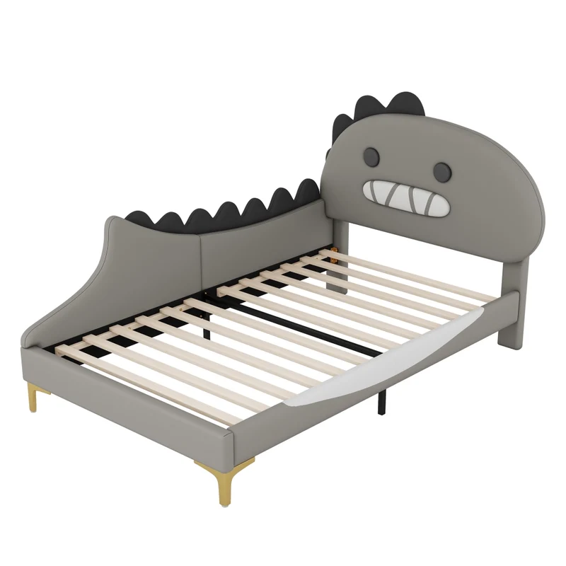 Letto per bambini 90 x 200 cm a forma di dinosauro; struttura in PU e MDF; grigio per cameretta