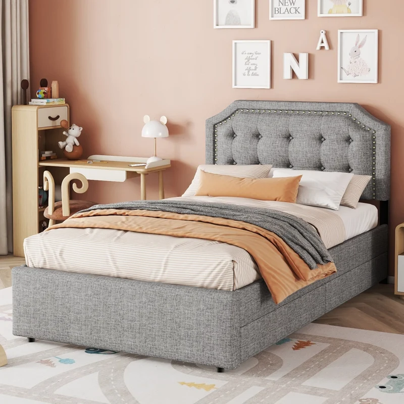 Letto singolo imbottito 90x200 cm grigio con testiera regolabile e due cassetti