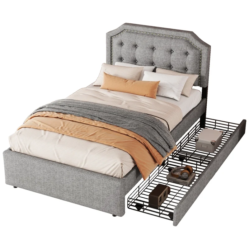 Letto singolo imbottito 90x200 cm grigio con testiera regolabile e due cassetti