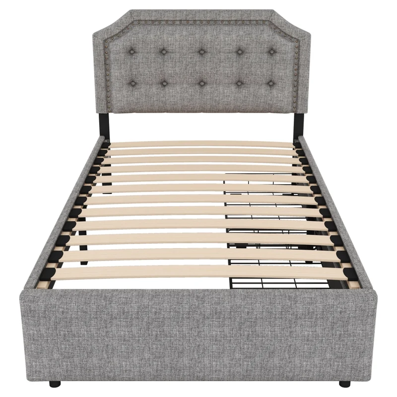 Letto singolo imbottito 90x200 cm grigio con testiera regolabile e due cassetti
