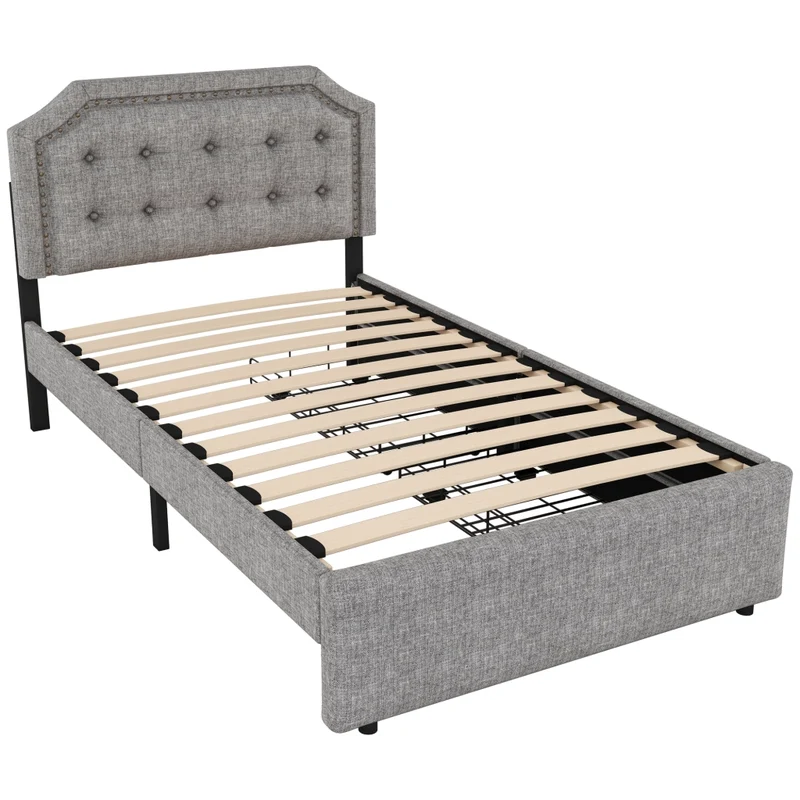 Letto singolo imbottito 90x200 cm grigio con testiera regolabile e due cassetti