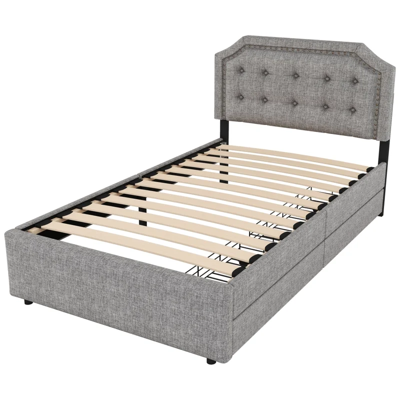 Letto singolo imbottito 90x200 cm grigio con testiera regolabile e due cassetti