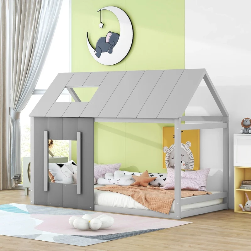 Letto per bambini 90 x 200 cm a forma di casa con tetto e finestra; grigio