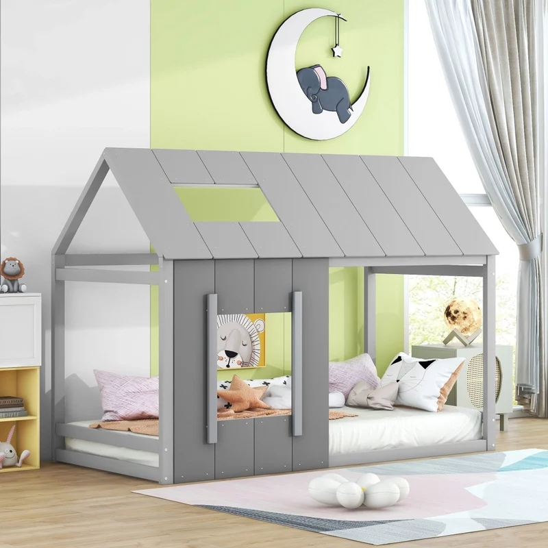 Letto per bambini 90 x 200 cm a forma di casa con tetto e finestra; grigio