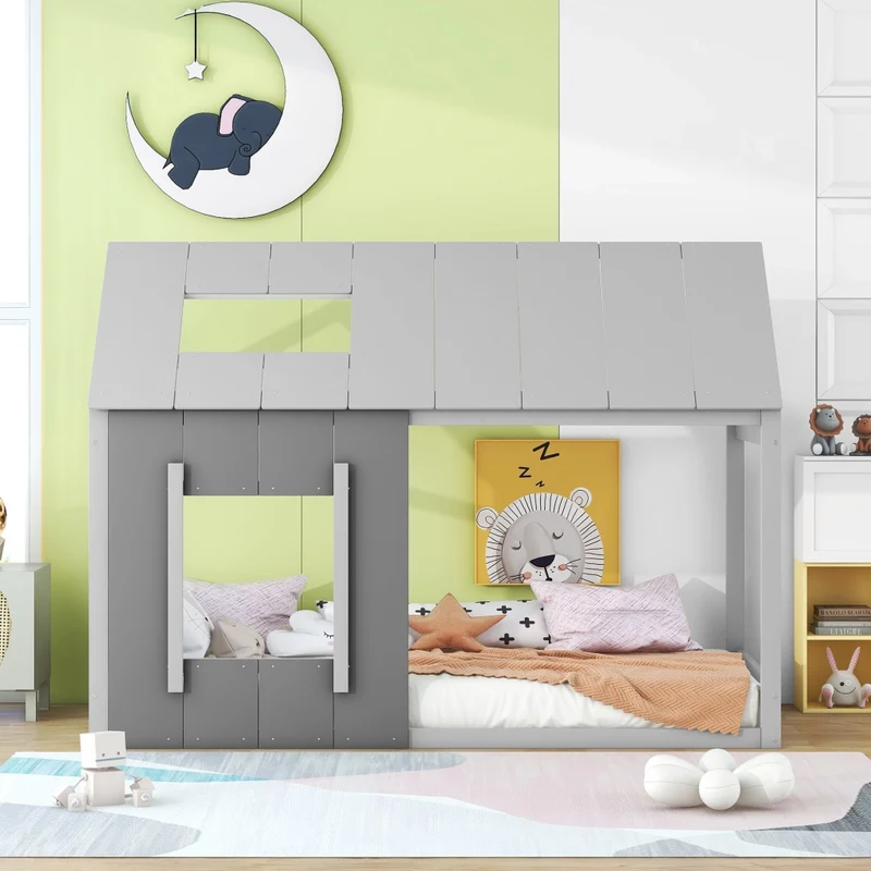 Letto per bambini 90 x 200 cm a forma di casa con tetto e finestra; grigio