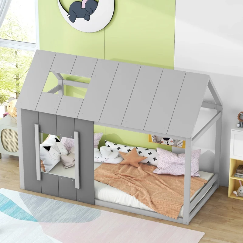 Letto per bambini 90 x 200 cm a forma di casa con tetto e finestra; grigio