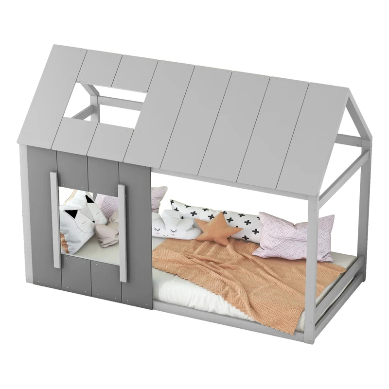 Letto per bambini 90 x 200 cm a forma di casa con tetto e finestra; grigio