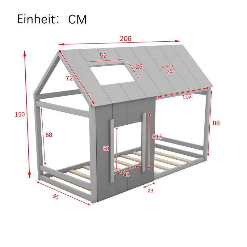 Letto per bambini 90 x 200 cm a forma di casa con tetto e finestra; grigio