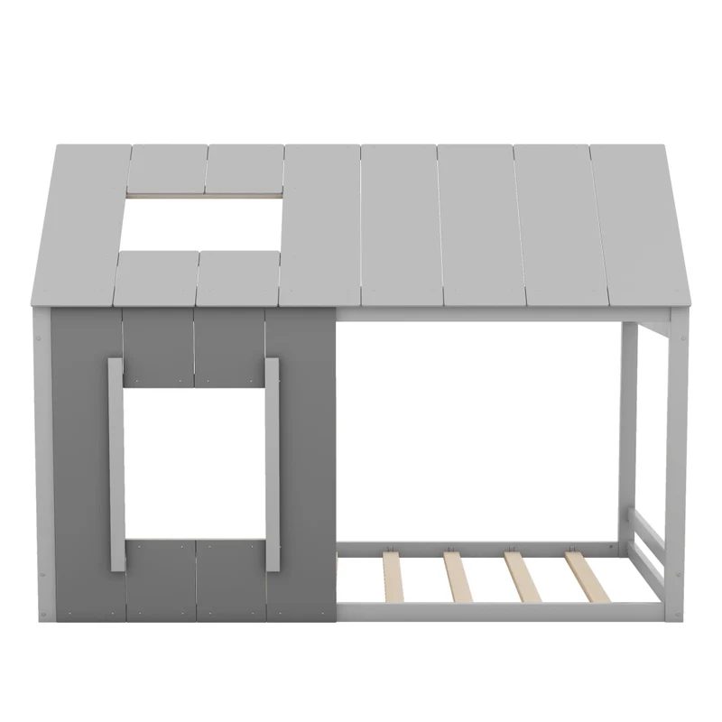 Letto per bambini 90 x 200 cm a forma di casa con tetto e finestra; grigio