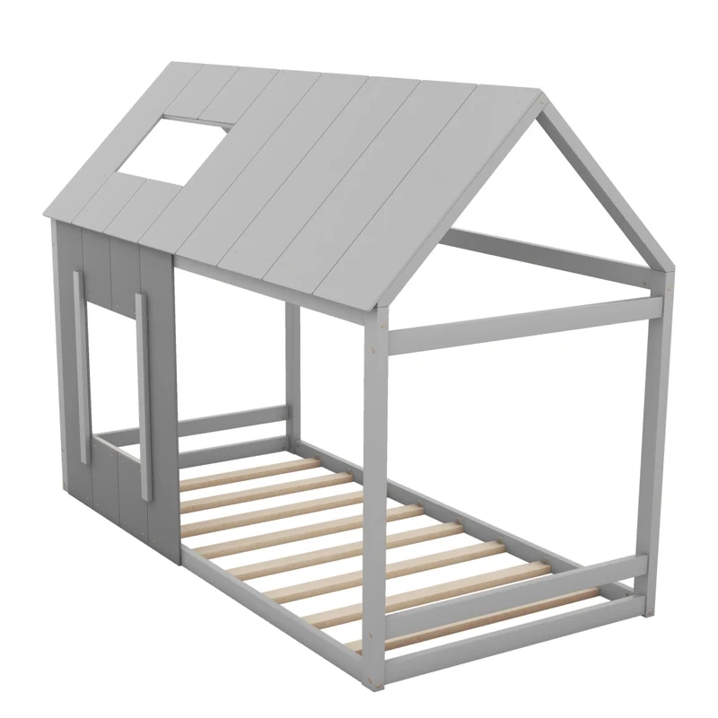 Letto per bambini 90 x 200 cm a forma di casa con tetto e finestra; grigio