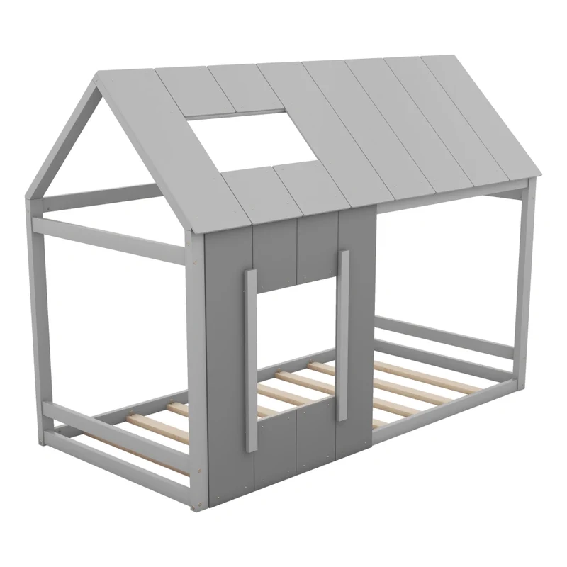 Letto per bambini 90 x 200 cm a forma di casa con tetto e finestra; grigio