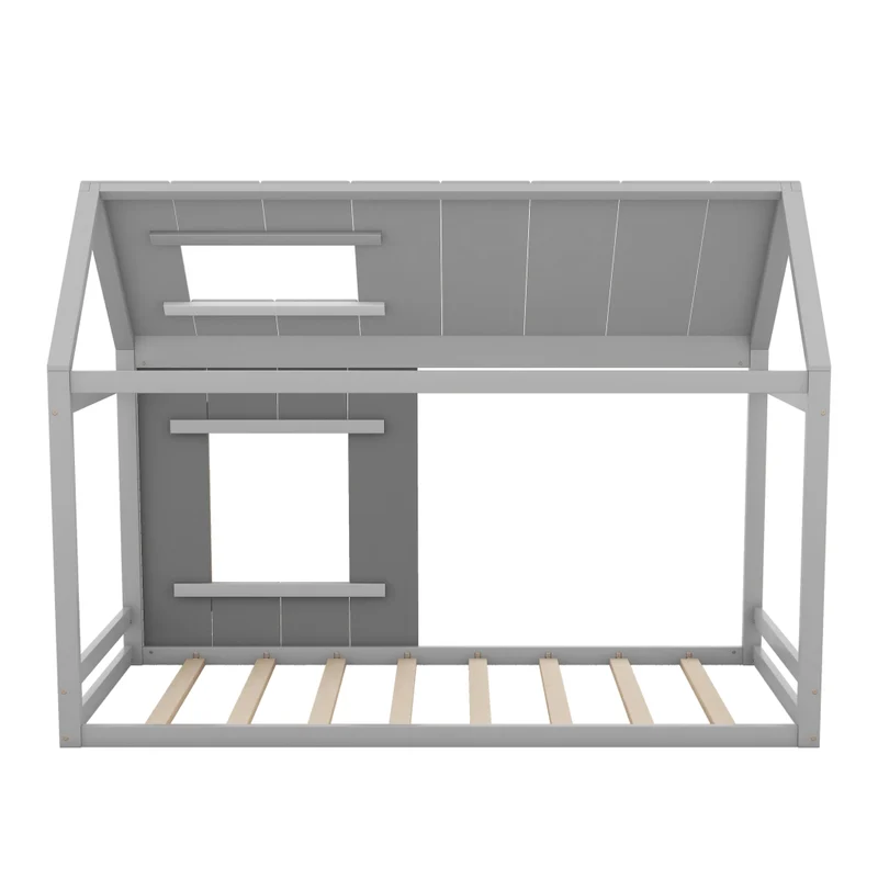Letto per bambini 90 x 200 cm a forma di casa con tetto e finestra; grigio