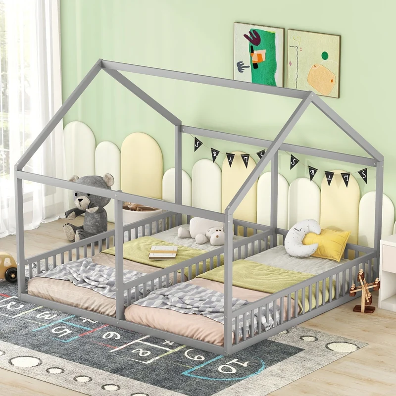 Letto a casetta per due bambini; letto doppio 90 x 200 cm; struttura in legno grigio per cameretta