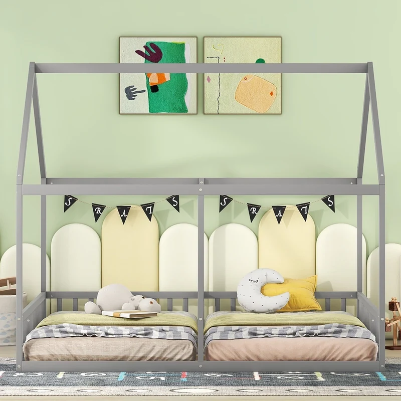 Letto a casetta per due bambini; letto doppio 90 x 200 cm; struttura in legno grigio per cameretta