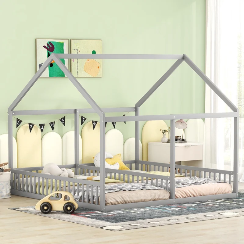 Letto a casetta per due bambini; letto doppio 90 x 200 cm; struttura in legno grigio per cameretta