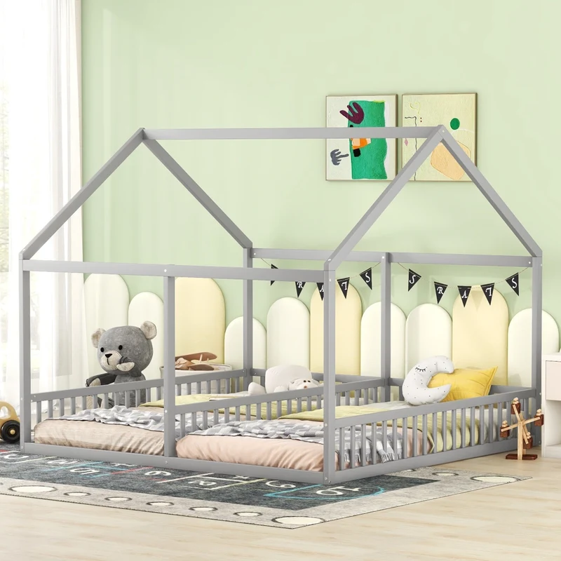 Letto a casetta per due bambini; letto doppio 90 x 200 cm; struttura in legno grigio per cameretta