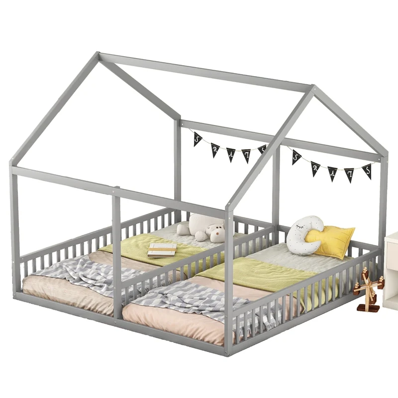 Letto a casetta per due bambini; letto doppio 90 x 200 cm; struttura in legno grigio per cameretta