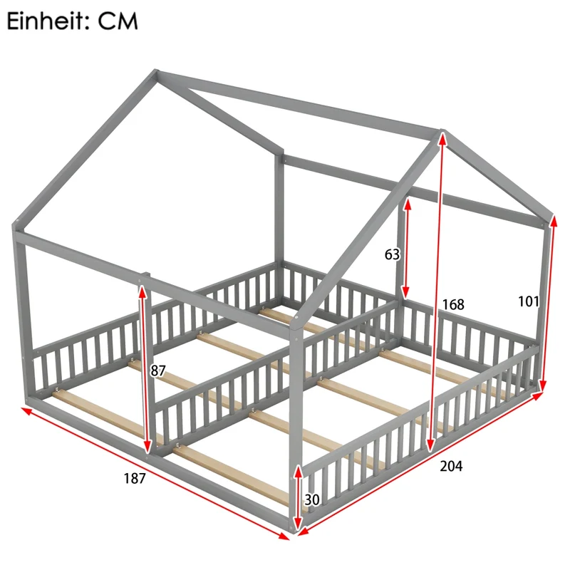 Letto a casetta per due bambini; letto doppio 90 x 200 cm; struttura in legno grigio per cameretta
