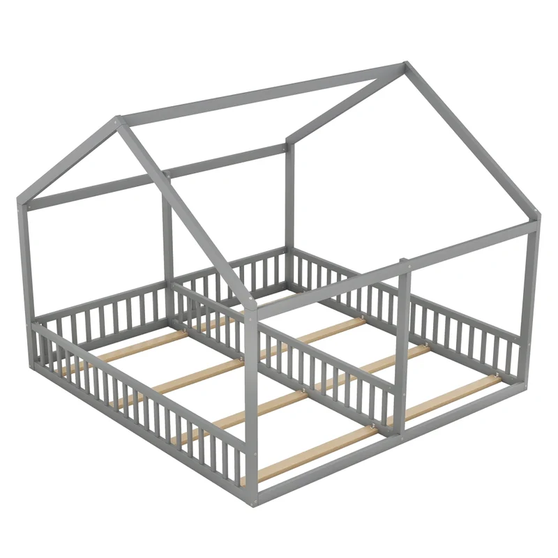 Letto a casetta per due bambini; letto doppio 90 x 200 cm; struttura in legno grigio per cameretta