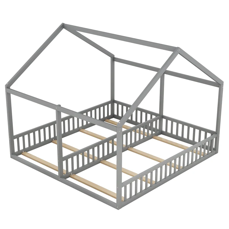 Letto a casetta per due bambini; letto doppio 90 x 200 cm; struttura in legno grigio per cameretta