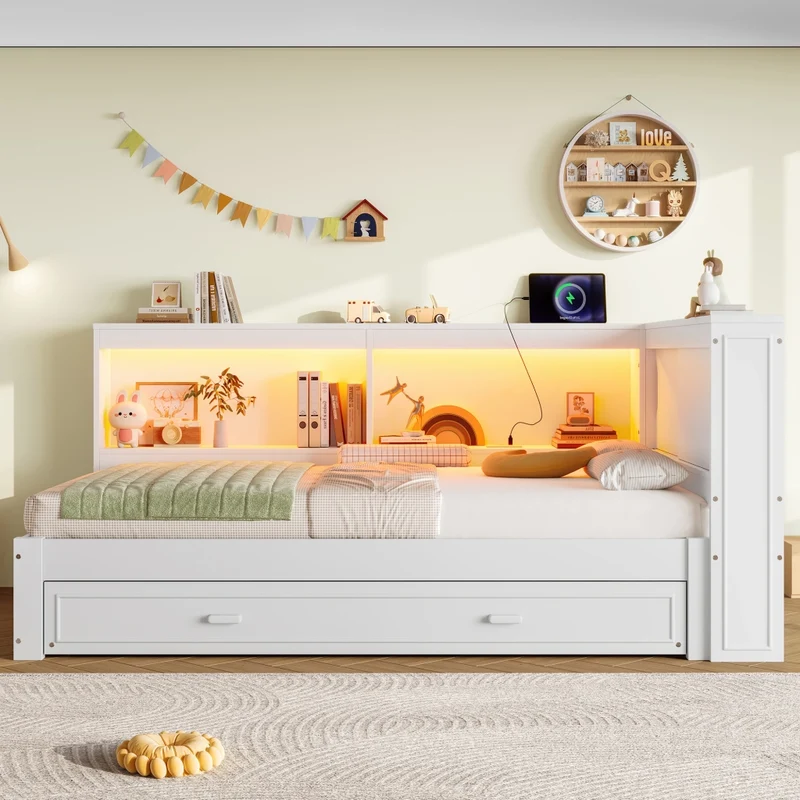 Letto singolo 90x200 cm bianco con letto estraibile; LED e prese USB e Type-C