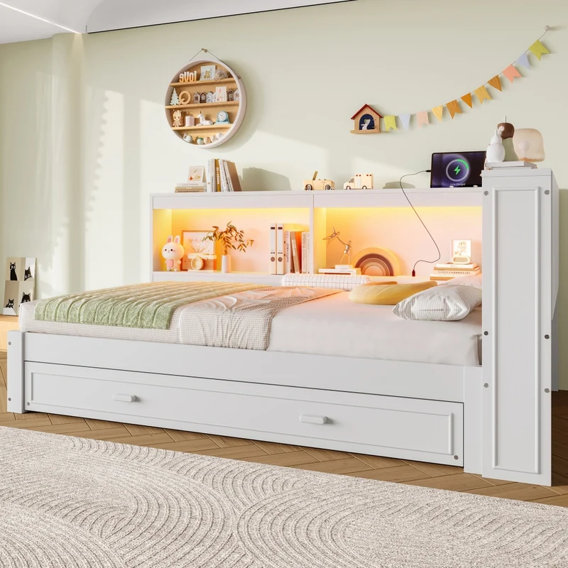 Letto singolo 90x200 cm bianco con letto estraibile; LED e prese USB e Type-C