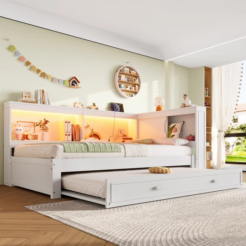 Letto singolo 90x200 cm bianco con letto estraibile; LED e prese USB e Type-C