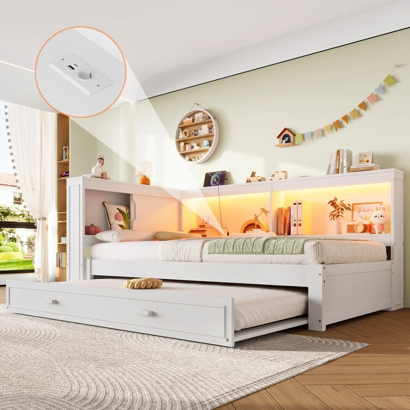 Letto singolo 90x200 cm bianco con letto estraibile; LED e prese USB e Type-C
