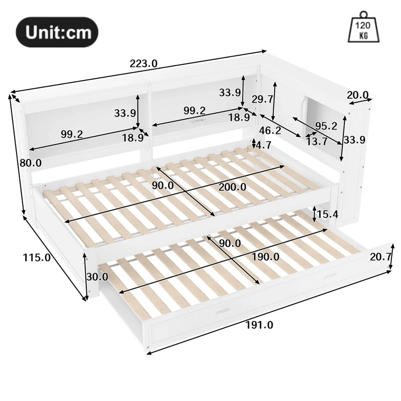 Letto singolo 90x200 cm bianco con letto estraibile; LED e prese USB e Type-C
