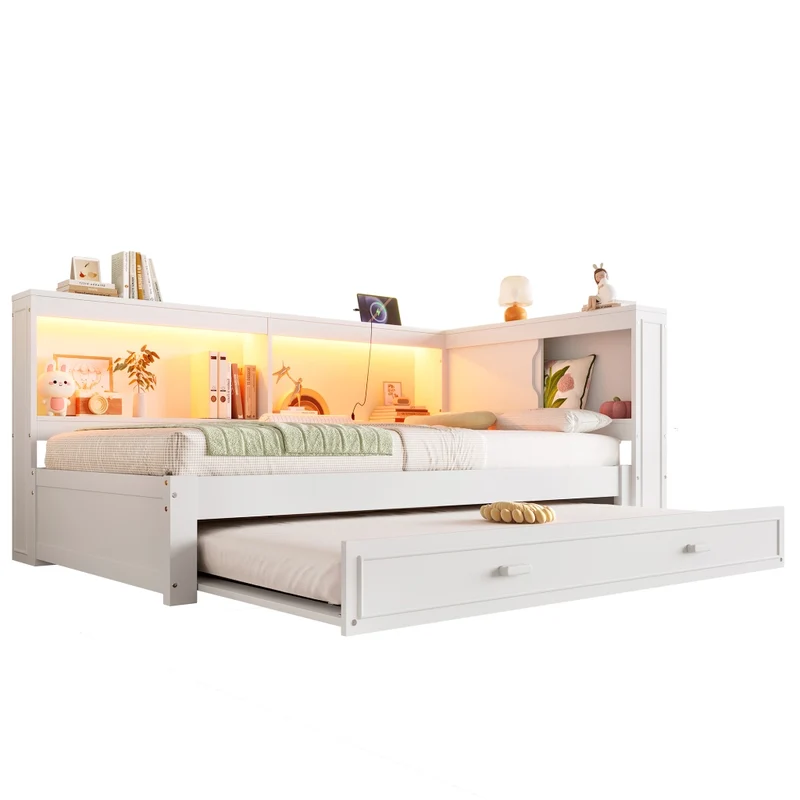 Letto singolo 90x200 cm bianco con letto estraibile; LED e prese USB e Type-C
